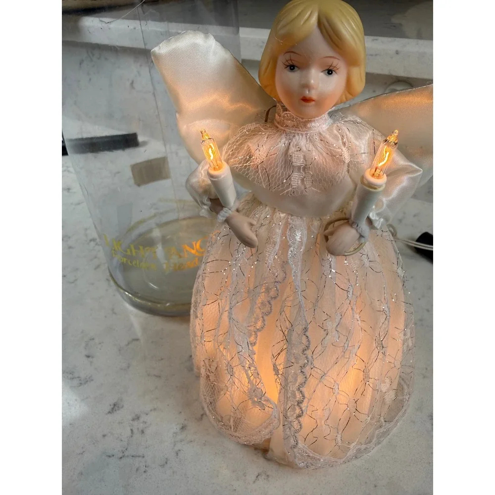 Vintage Minami Lighted Angel Tree Topper Porcelain Head White Silver Lace 9 inch